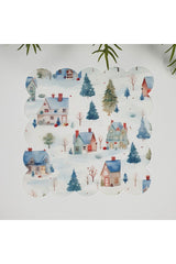 Sulu Boya Evler ve Ağaç Manzaralı Lazer Kesim Kumaş Kokteyl Peçetesi 1 Adet