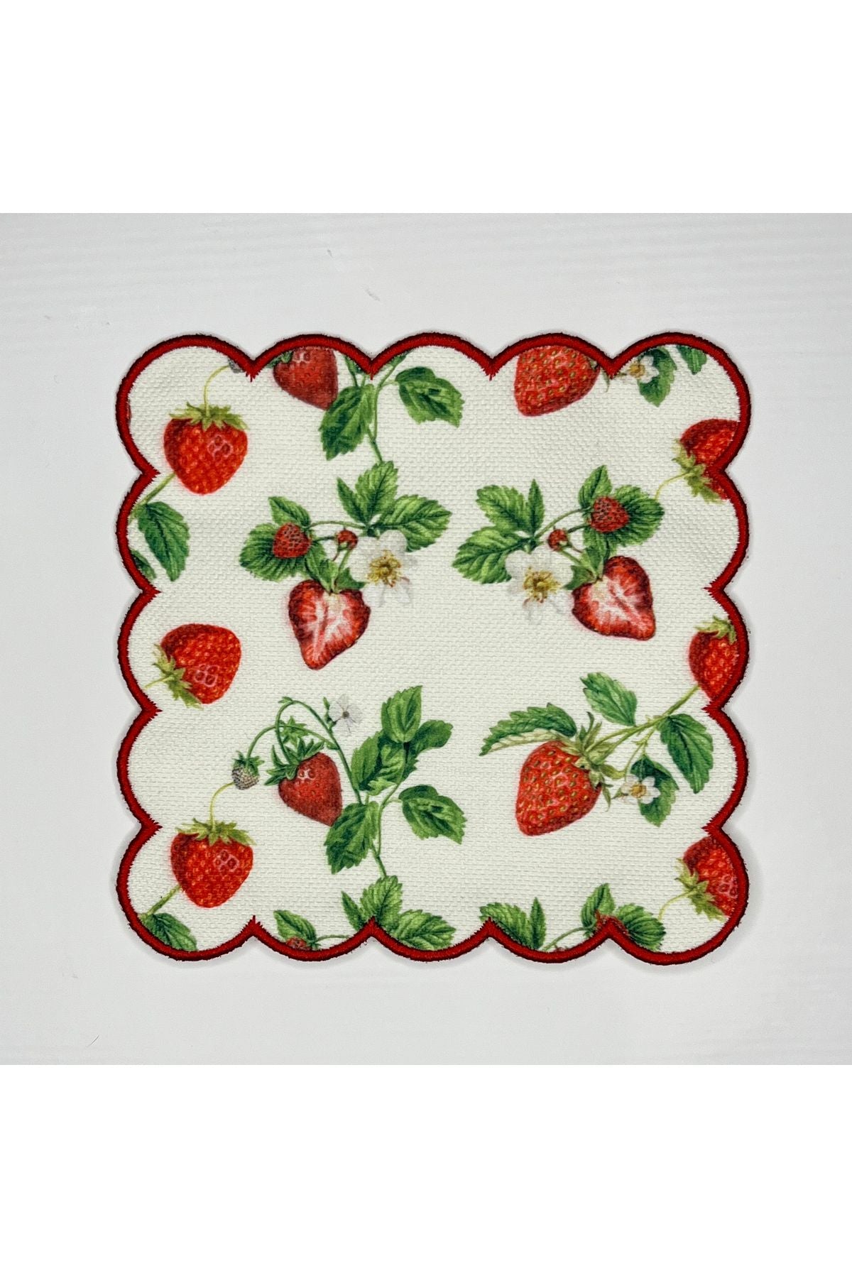 Red Embroidered Strawberry Garden Pattern Digitally Printed, Embroidered Edge Decorative Cocktail Napkins