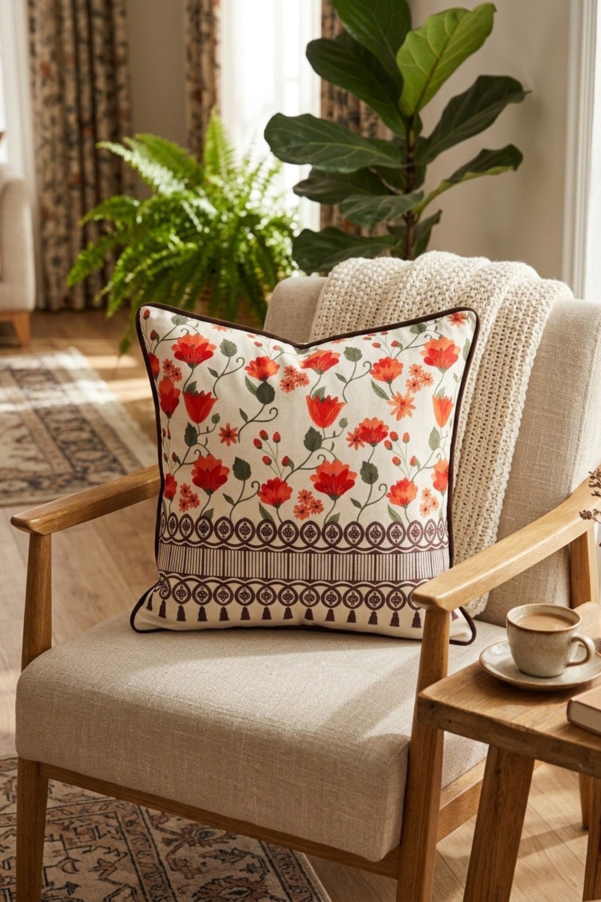 Antika Perde Tasarımlı – Dijital Baskılı Fitilli Kırlent Kılıfı - 43x43cm