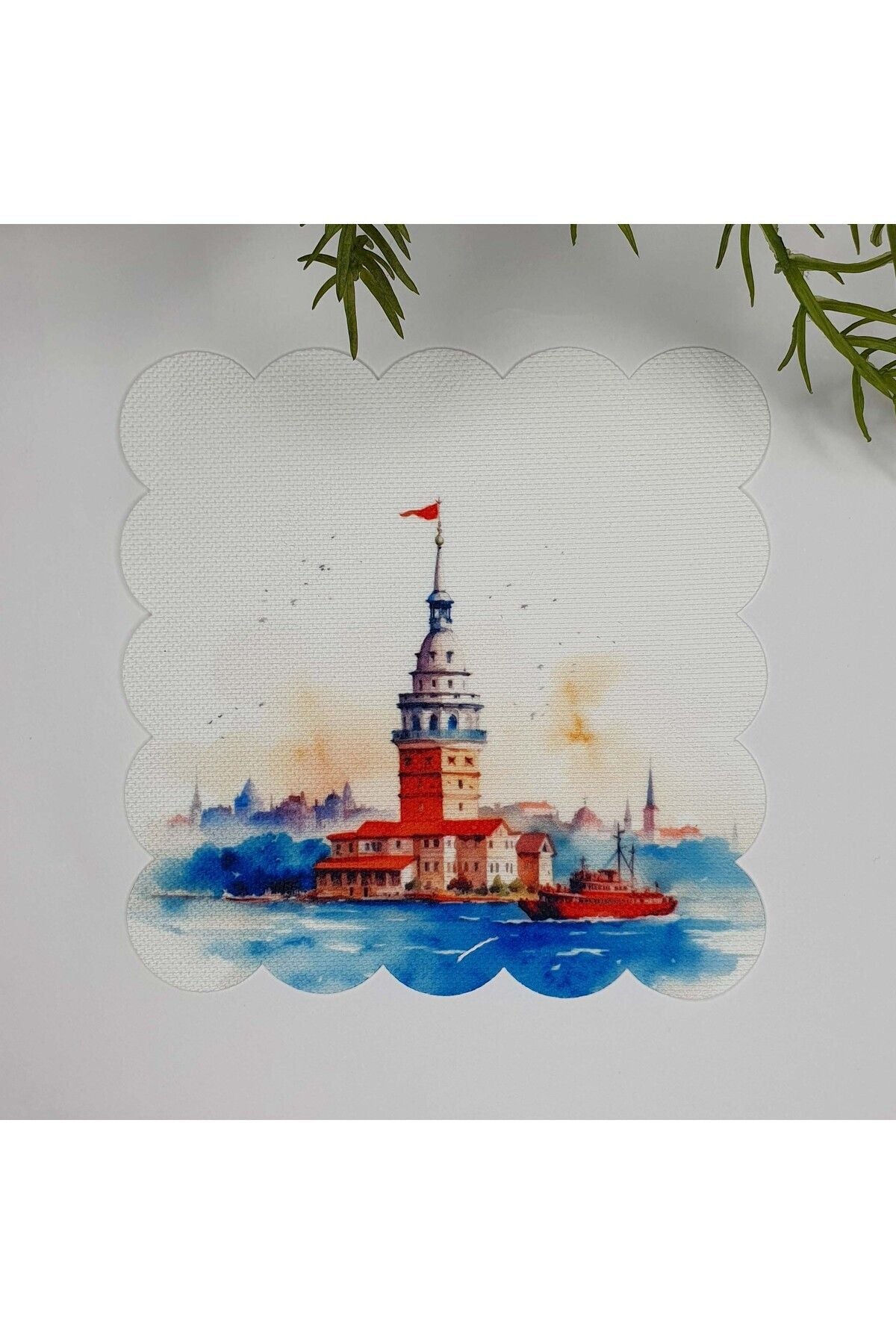 Sulu Boya Kız Kulesi Desenli Dijital Baskılı Lazer Kesim Yıkanabilir Kokteyl Peçetesi