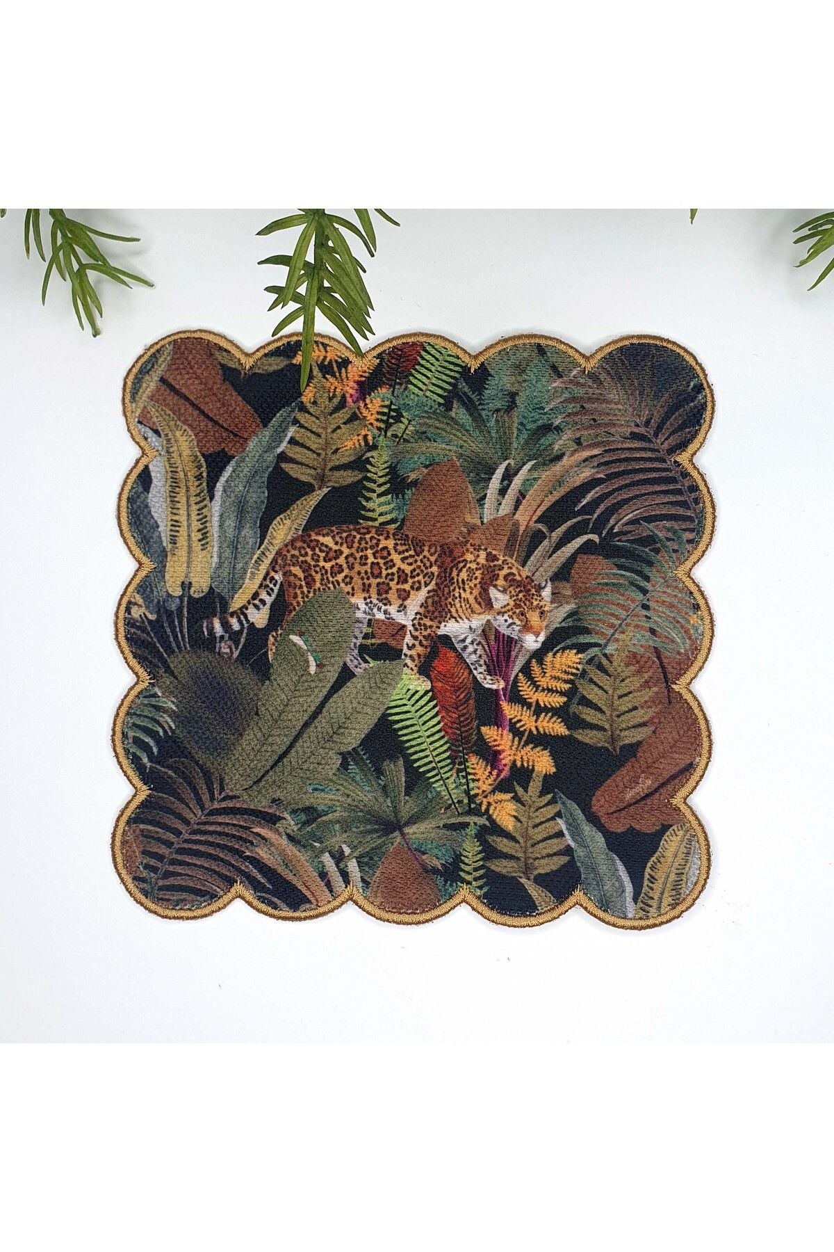 Exotic Leopard and Tropical Leaf Design Embroidered Edge Fabric Cocktail Napkin 1 Piece