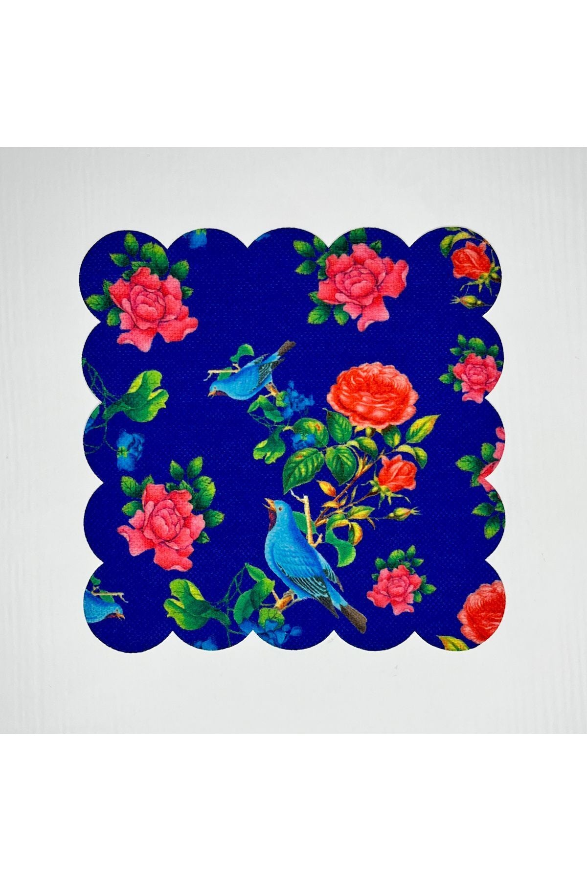 Sax Zemin Mavi Kuşlar Pembe Çiçek Dijital Baskılı Lazer Kesim Kokteyl Peçetesi