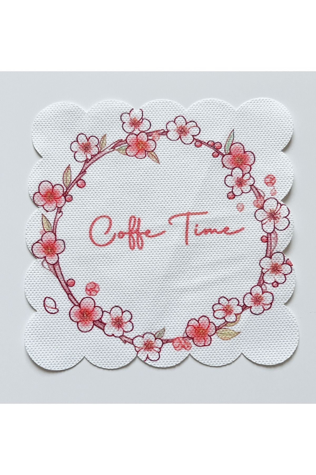 Coffe Time Pembe Çiçek Desenli Kumaş Kokteyl Peçetesi Yıkanabilir Lazer Kesimli
