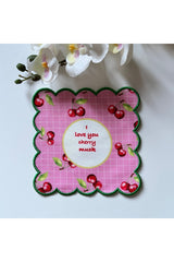 Yeşil Kenar Kiraz Desenli Dijital Baskılı, Kenarı  Nakışlı Dekoratif Kokteyl Peçeteleri