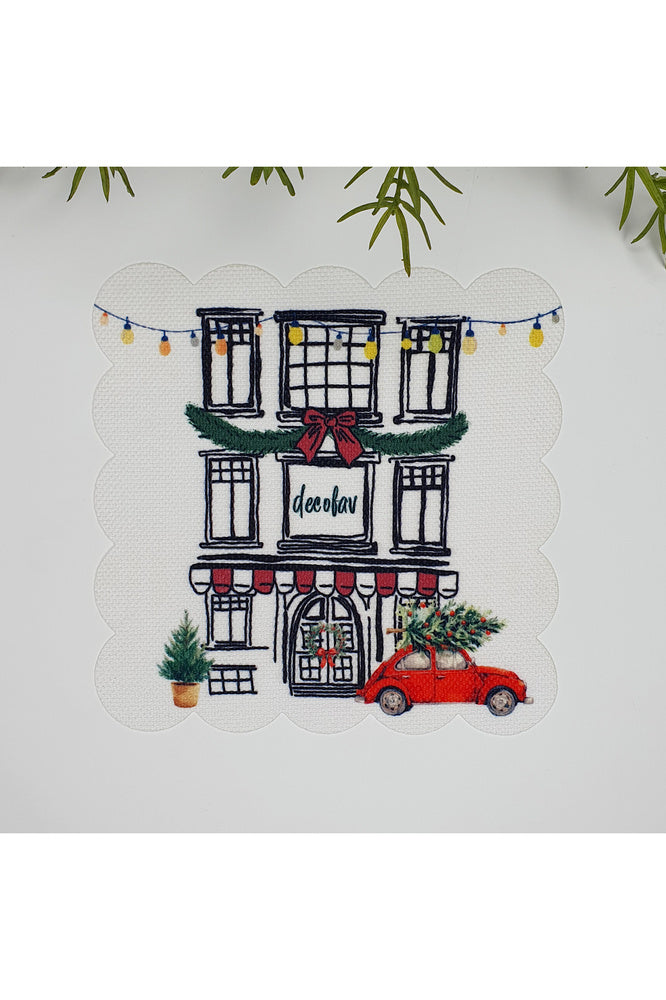 El Çizimi Dükkan ve Şirin Araç Yılbaşı Tema Yıkanabilir Kumaş Peçete 1 Adet