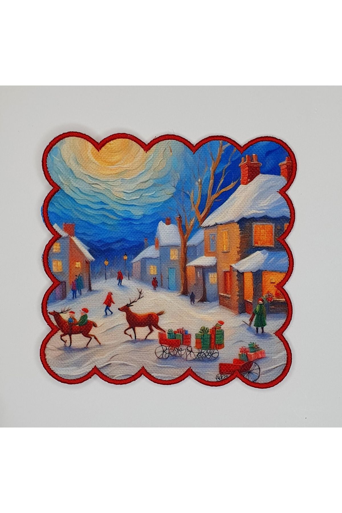 Yağlı Boya Yılbaşı Kasaba Manzara Desenli Kenarı Nakışlı Kokteyl Peçetesi