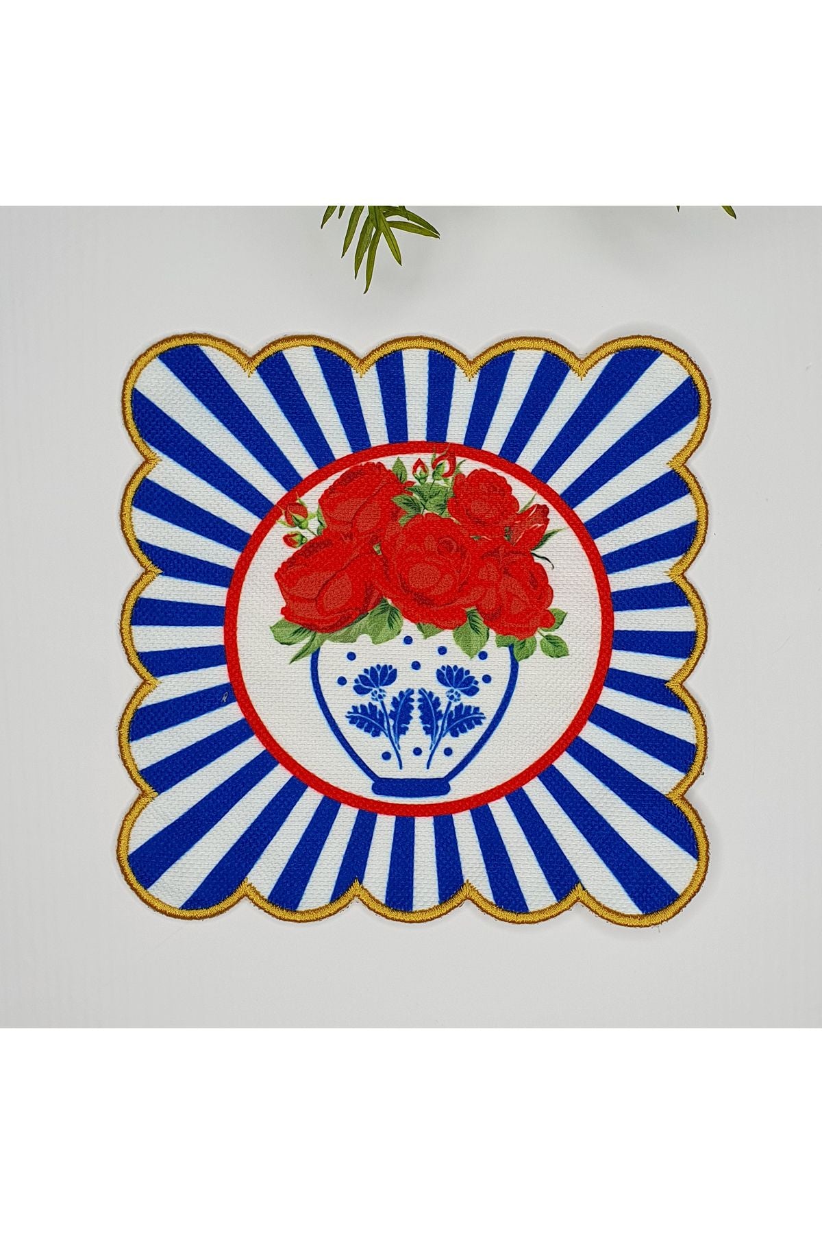 Decorative Blue Vase with Red Rose Pattern and Digital Printed Embroidered Cocktail Napkin