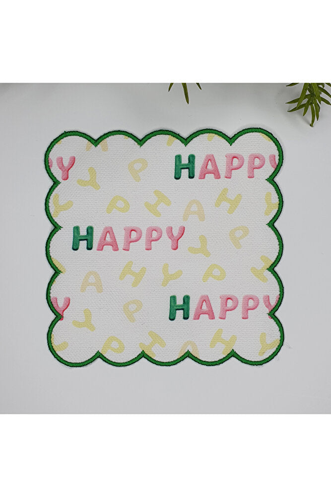 Happy Slogan Desenli Yeşil Nakış Kenar Kokteyl Peçetesi 1 Adet
