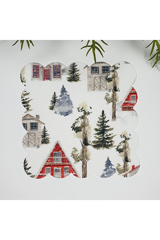 Sulu Boya Elegant Orman Evleri Yılbaşı Konsept Lazer Kesim Kumaş Kokteyl Peçetesi 1 Adet