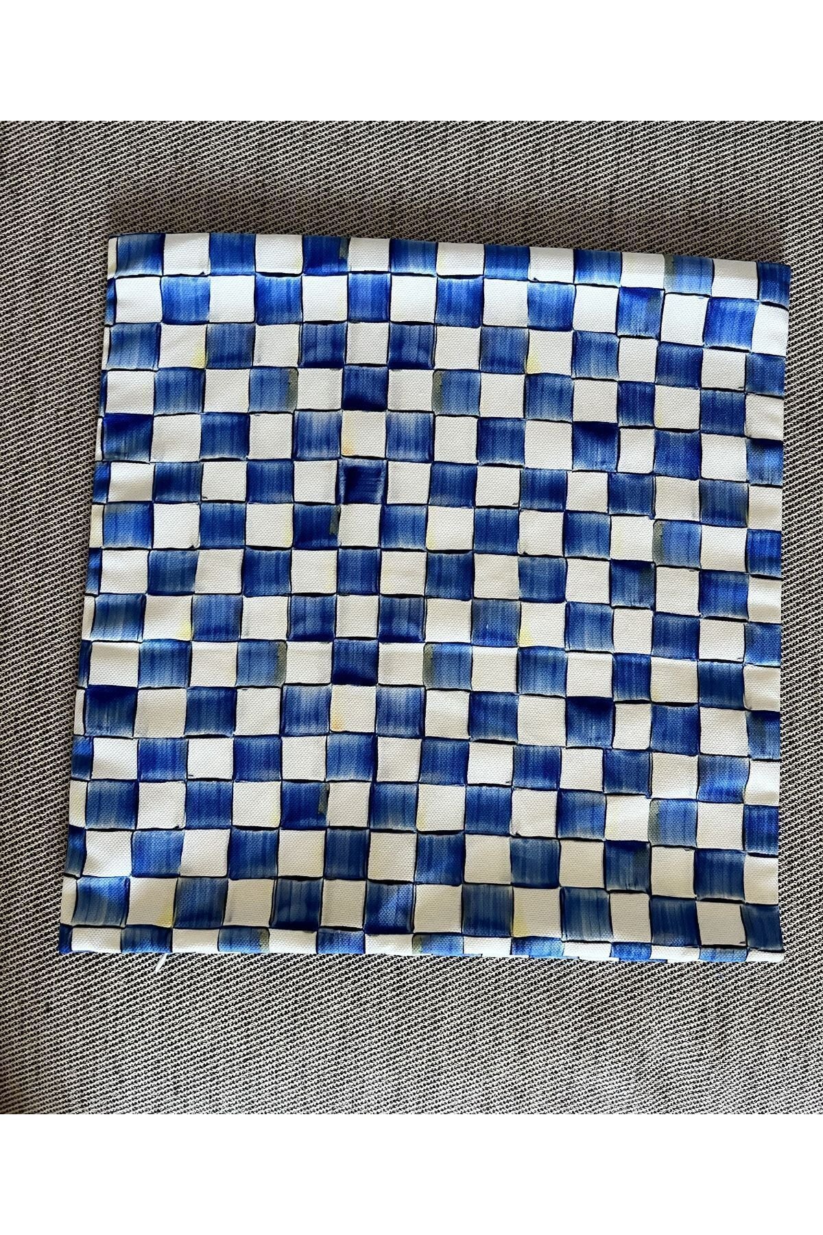 Kırlent Kılıfı Eskitme Efektli Mavi Dama Desenli Dijital Baskılı
