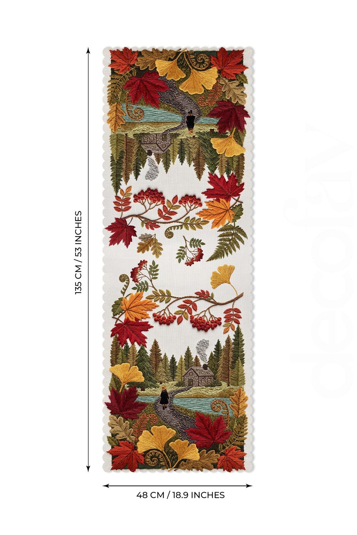 Sonbahar Orman Yolu ve Yaprak Desenli Lazer Kesim Runner - 48x135cm