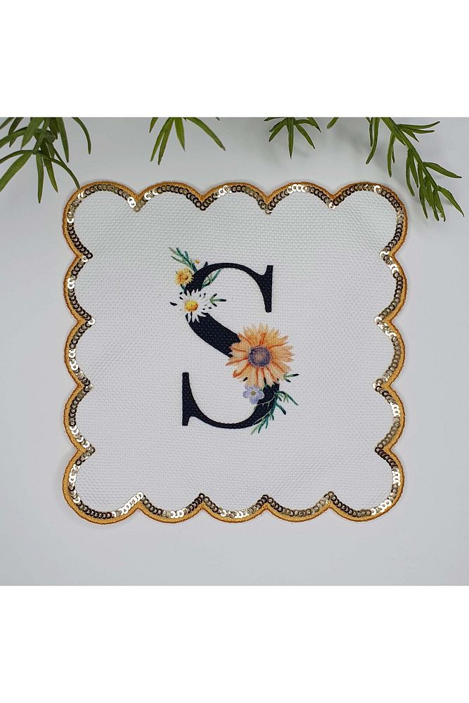 S Harfi Baskılı Kişiye Özel Pul İşlemeli Monogramlı Nakış Kenar Pullu Kokteyl Peçetesi 1 Adet