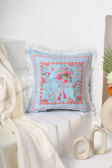 Love Bloom Kalpli Mavi Renkli Çiçekli Saçaklı Kadife Kırlent Kılıfı - 43x43cm