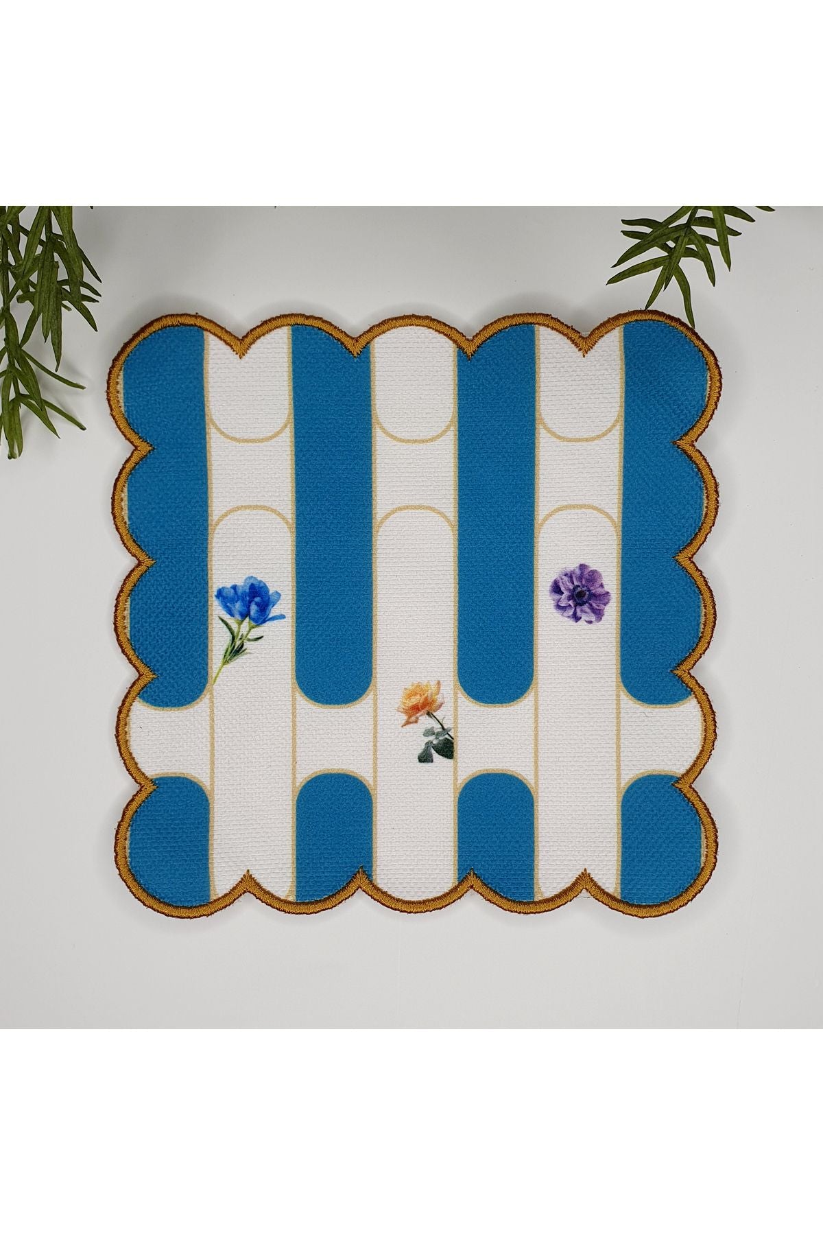 Mavi Geometrik Şerit Desenli Dijital Baskılı Kumaş Kokteyl Peçetesi 1 Adet