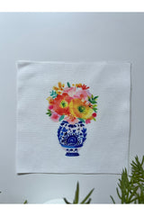 Sulu Boya Çiçekli Çini Desenli Dijital Baskılı, Kenarı Lazer Kesim Dekoratif Kokteyl Peçeteleri