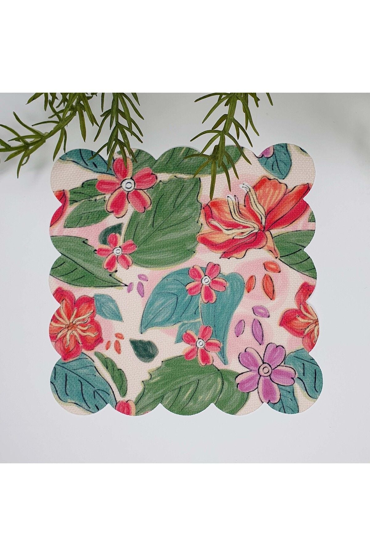 Sulu Boya Botanik Çiçekler ve Yaprak Desenli Lazer Kesim Kumaş Kokteyl Peçetesi 1 Adet