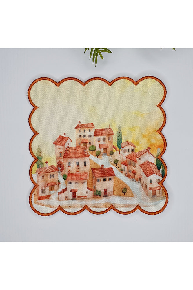 Tatlı Sonbahar Kasabası Desenli Dijital Baskılı Nakışlı Kokteyl Peçetesi