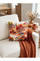 Suluboya Sonbahar Kasabası Tasarımlı Kırlent Kılıfı - 43x43cm