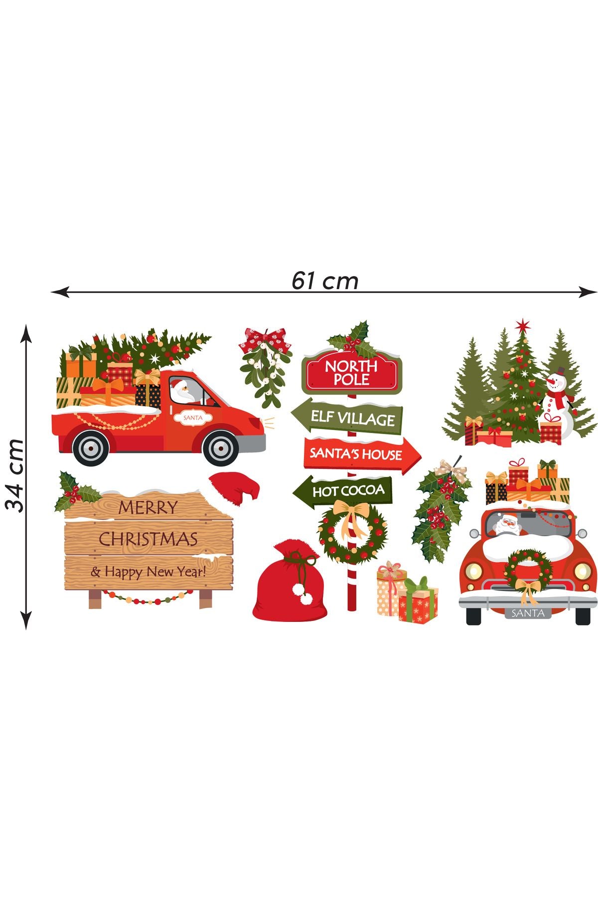 Noel Baba ve Yılbaşı Temalı Duvar Sticker Seti - Çocuk Odası, Ev Dekorasyonu için Yılbaşı Süsleri