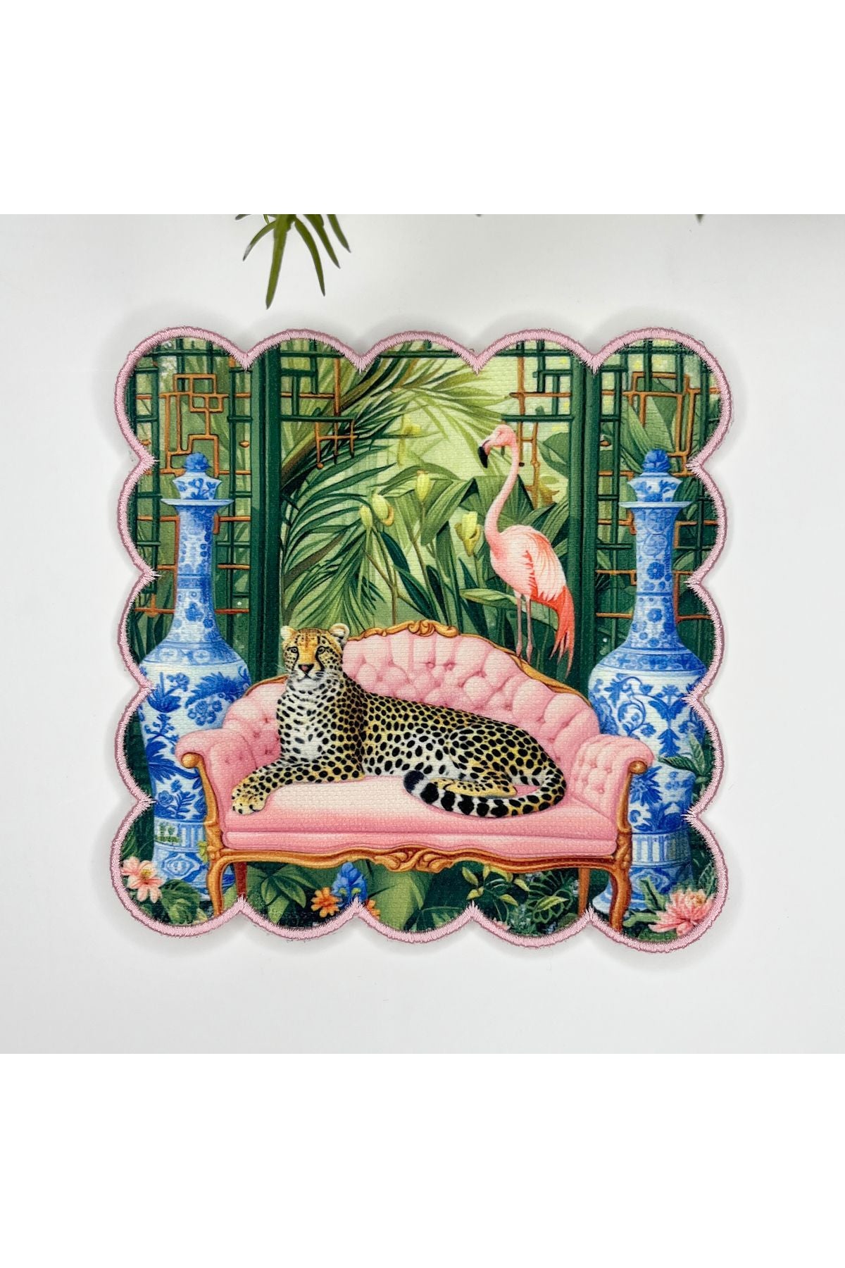Maximalist Çita Flamingo ve Tropikal Tasarımlı Nakış Kenar Kumaş Kokteyl Peçetesi 1 Adet