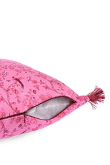 Pembe Kuş Desenli Bordo Saçaklı Kadife Kırlent Kılıfı – 43x43 cm