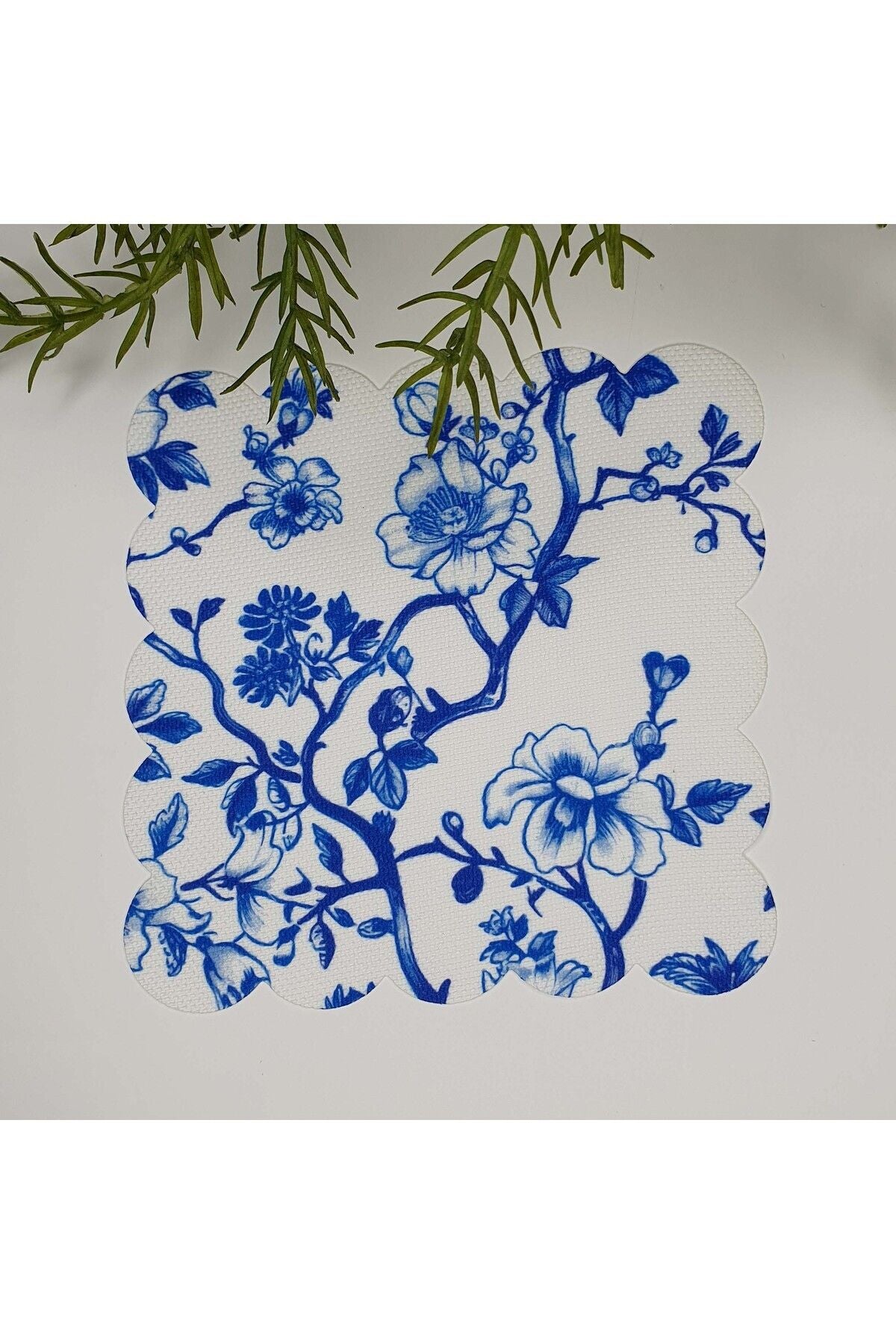 Blue Flowers and Branches Tile Style Patterned Laser Cut Fabric Cocktail Napkin 1 Piece