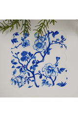Blue Flowers and Branches Tile Style Patterned Laser Cut Fabric Cocktail Napkin 1 Piece