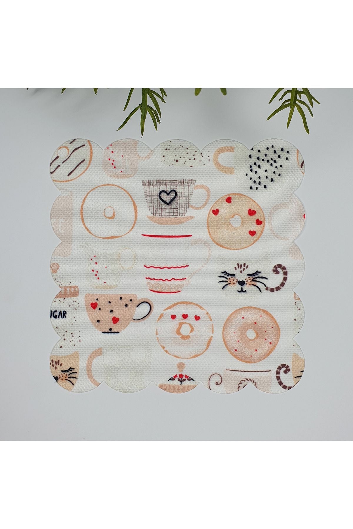 El Çizimi Pastel Renk Fincan Kedi Desenli Lazer Kesim Kumaş Kokteyl Peçetesi 1 Adet