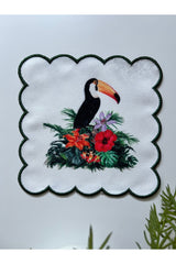 Tukan Papan ve Çiçek Desenli Dijital Baskılı, Kenarı Pembe Nakışlı Dekoratif Kokteyl Peçeteleri