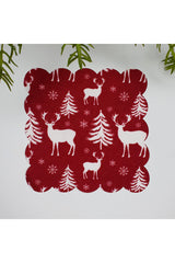 Kırmızı Zemin Yılbaşı Geyik Silüet Desenli Yıkanabilir Kumaş  Kokteyl Peçetesi 1 Adet