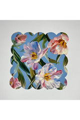 Mavi Zemin Sulu Boya Zambak Çiçekleri Desenli Dijital Baskılı Kokteyl Peçetesi