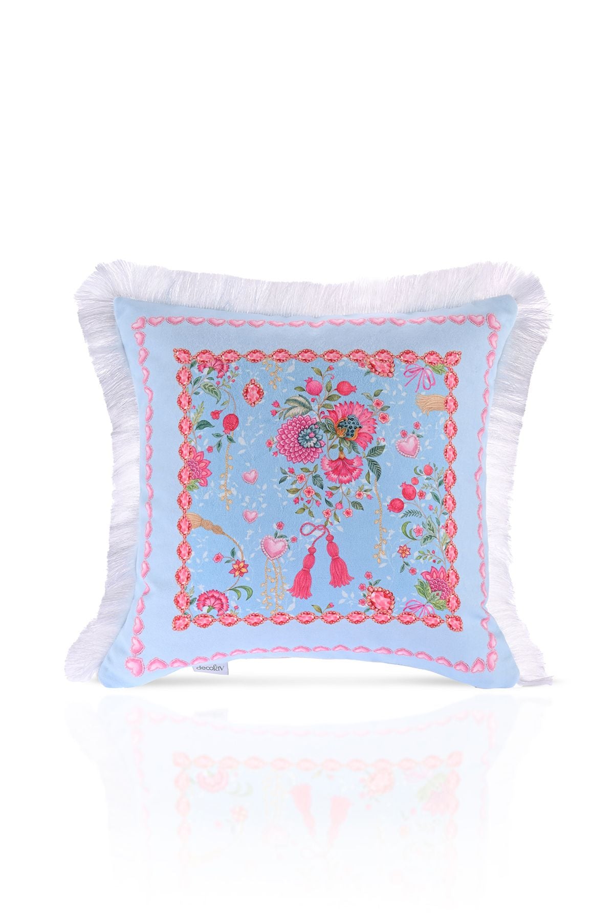 Love Bloom Kalpli Mavi Renkli Çiçekli Saçaklı Kadife Kırlent Kılıfı - 43x43cm