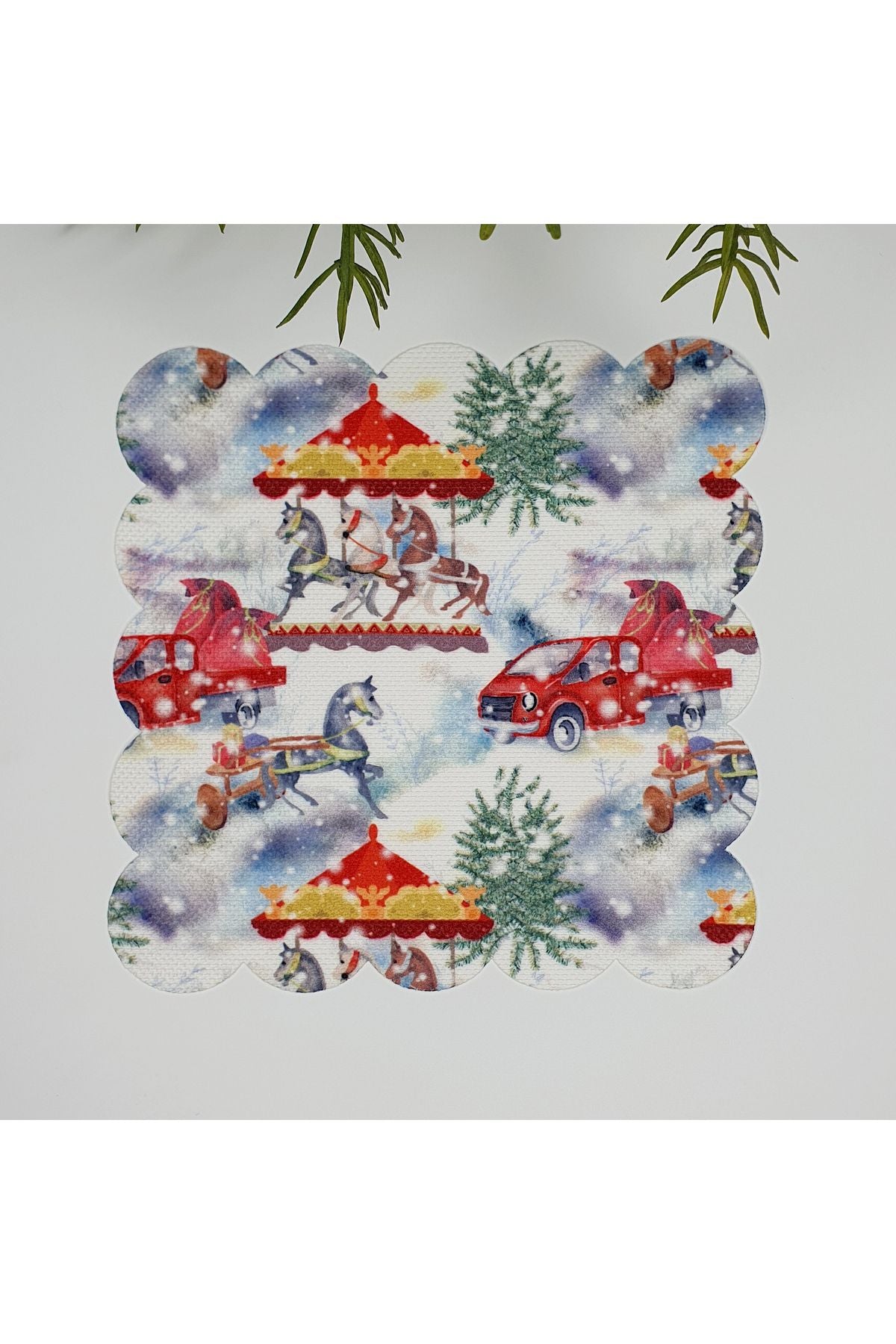 Sulu Boya Yılbaşı Kar Manzaralı Şirin Objeli Lazer Kesim Kumaş Kokteyl Peçetesi 1 Adet