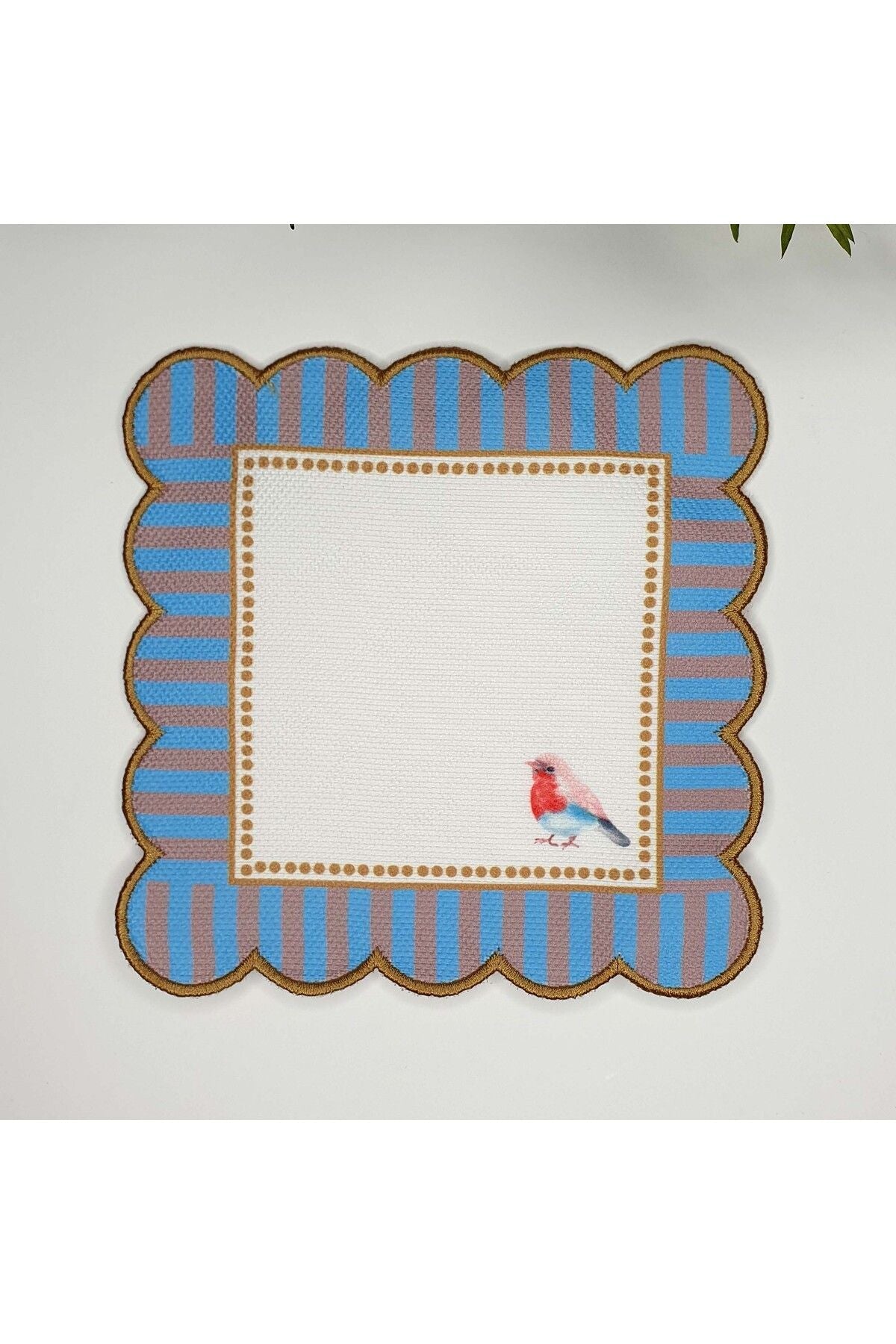 Decorative Blue Edge Bird Patterned Embroidered Edge Fabric Cocktail Napkin 1 Piece