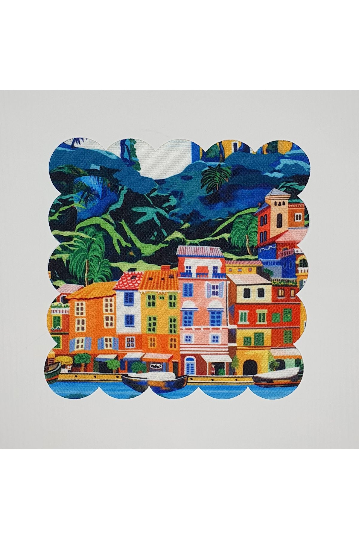 Soyut Sahil Kasaba Temalı  Desenli Dijital Baskılı Lazer Kesim Kokteyl Peçetesi