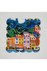 Soyut Sahil Kasaba Temalı  Desenli Dijital Baskılı Lazer Kesim Kokteyl Peçetesi