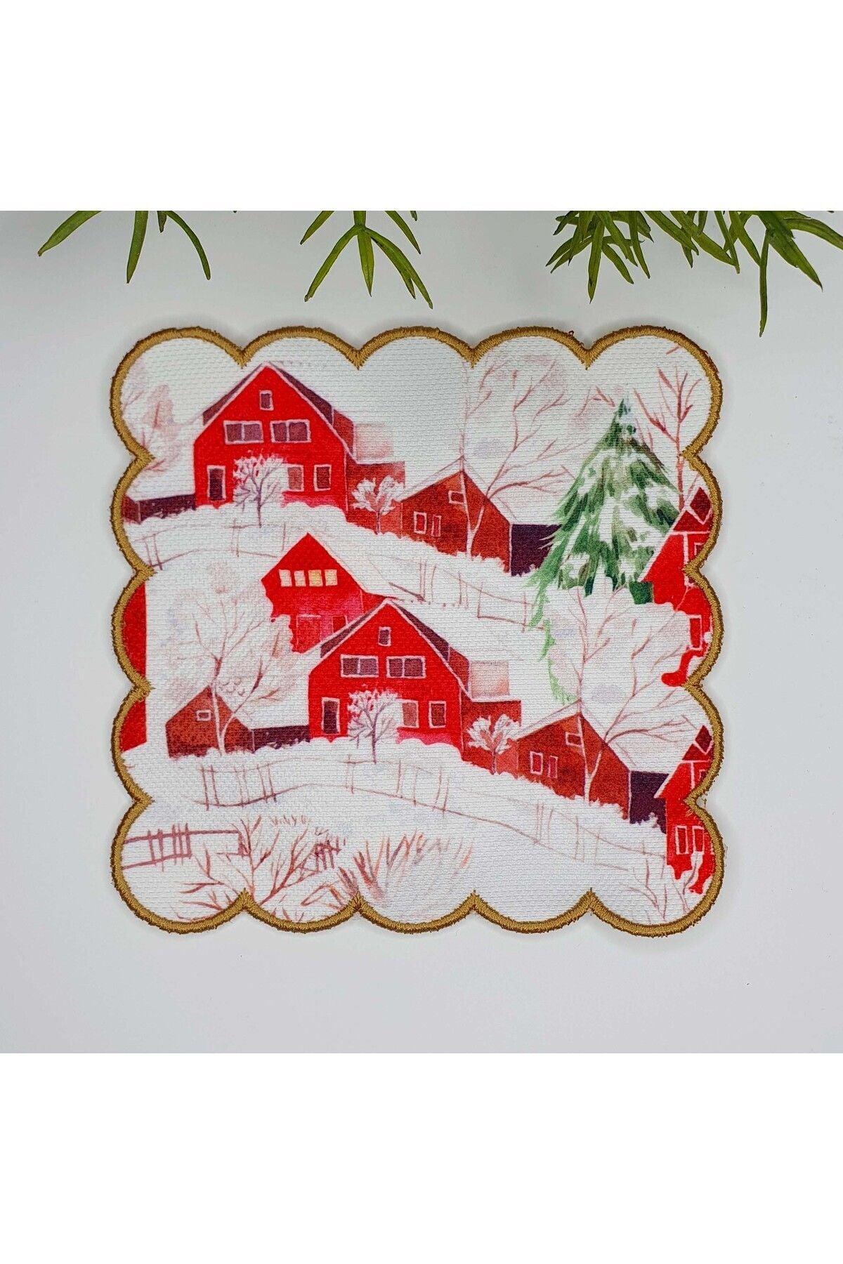 Sulu Boya Kırmızı Evler Yılbaşı Temalı Nakış Kenar Kokteyl Peçetesi 1 Adet