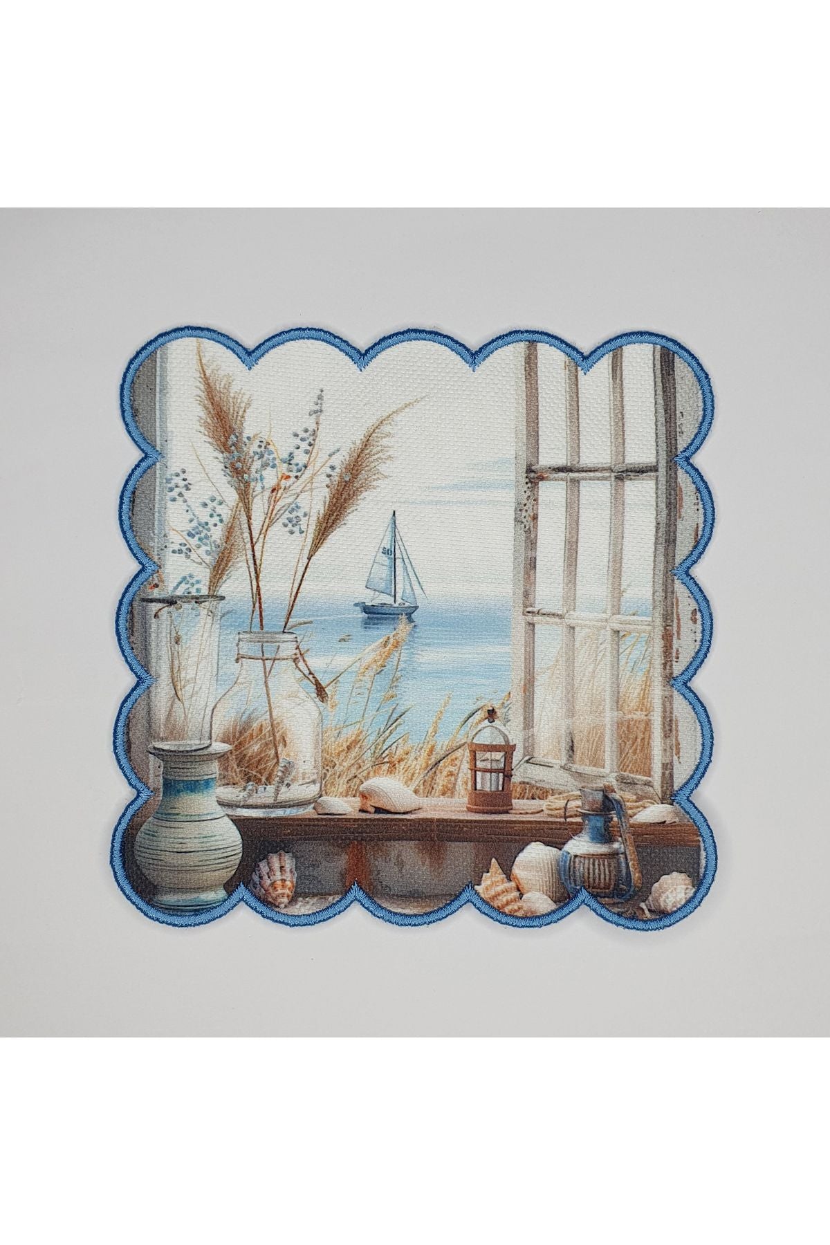 Sweet Window Opening to the Sea with Landscape Design and Embroidered Cocktail Napkin