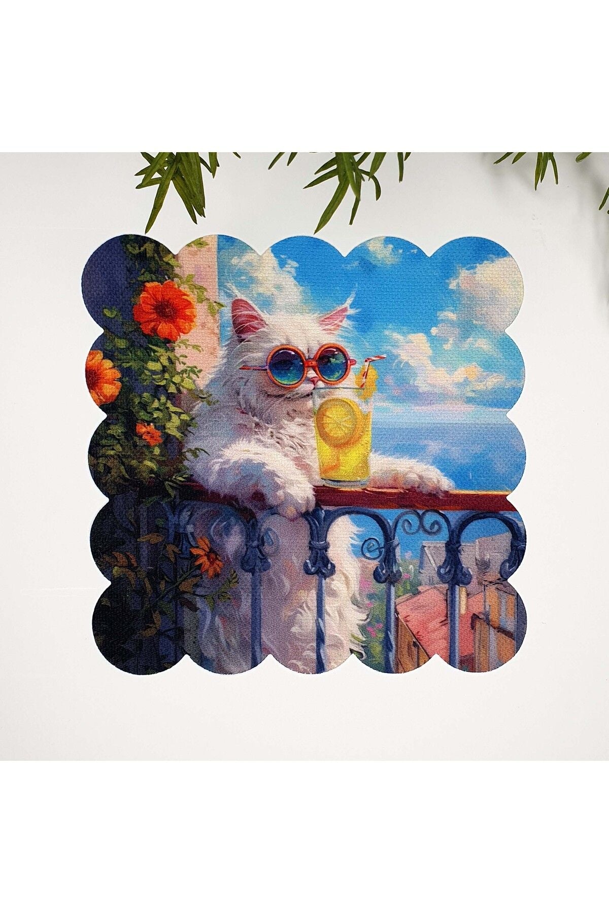 Yağlıboya Tatilci Beyaz Kedi Tasarımlı Kumaş Kokteyl Peçetesi 1 Adet