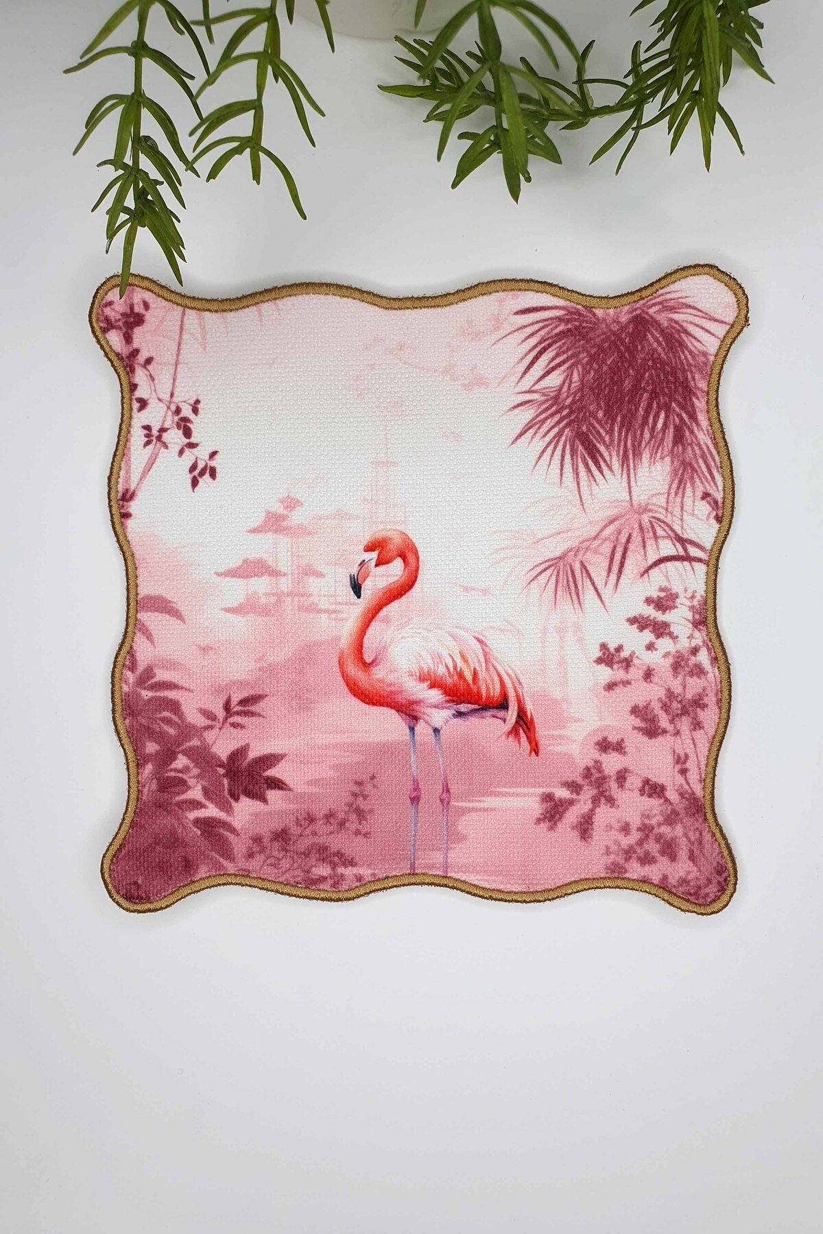 Egzotik Orman ve Flamingo Tasarımlı Nakış Kenar Kokteyl Peçetesi 1 Adet
