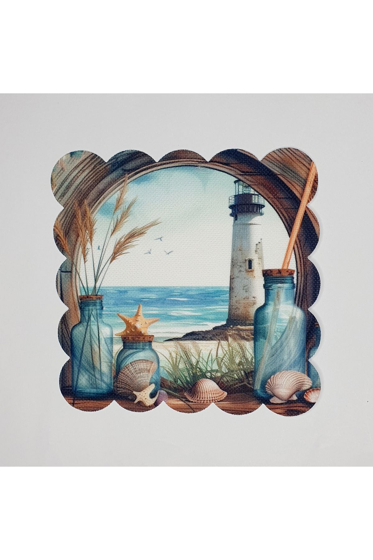 El Çizimi Deniz Feneri Manzaralı Dijital Baskılı Lazer Kesim Kokteyl Peçetesi