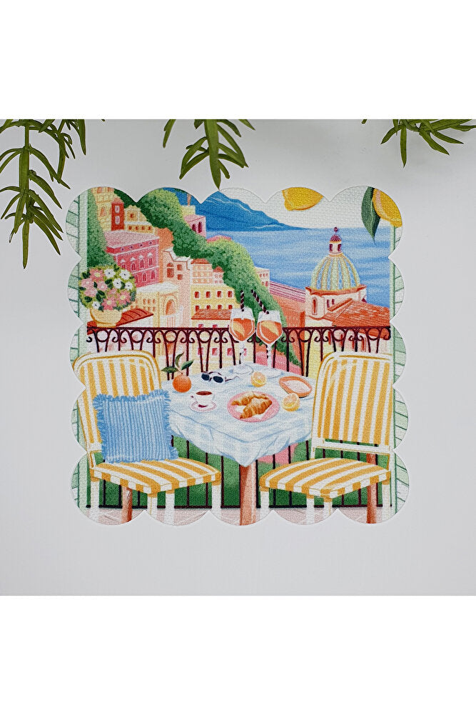 Sulu Boya Fransa Balkon Desenli Yıkanabilir Kumaş  Kokteyl Peçetesi 1 Adet
