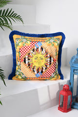 Sole di Sicilia Güneş Desenli Sarı Tasarımlı Saçaklı Kadife Kırlent Kılıfı - 43x43cm