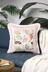 Orient Charm – Yelpaze ve İnci Bordür Tasarımlı Saçaklı Kadife Kırlent Kılıfı - 43x43cm