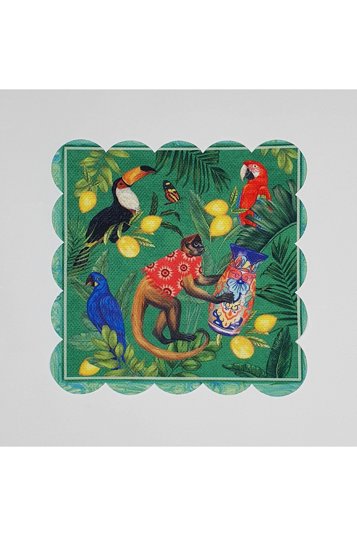 Tropikal Maymun ve Papağan Dijital Baskılı Kumaş Kokteyl Peçetesi Lazer Kesimli