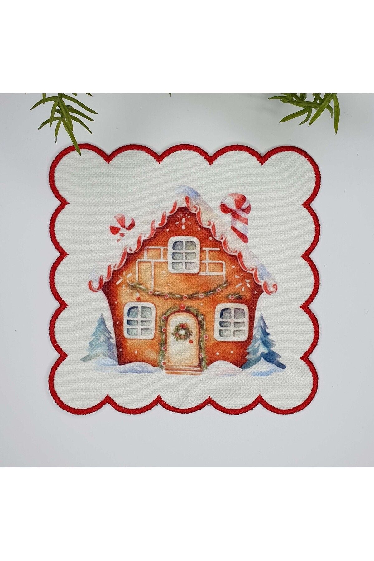 Yılbaşı Konsept Şeker Ev Temalı Nakış Kenar Kumaş Kokteyl Peçetesi 1 Adet