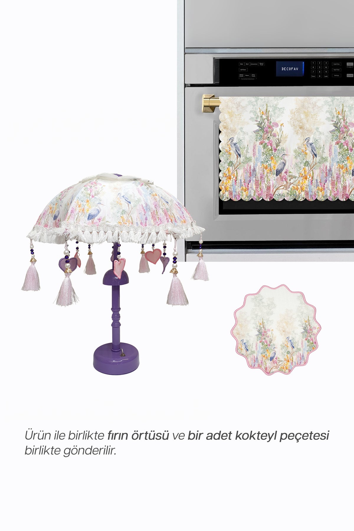 Lavender Garden Bali Şemsiyesi Pilli LED Aplik – Pastel Kuş ve Çiçek Desenli Dekoratif Aydınlatma