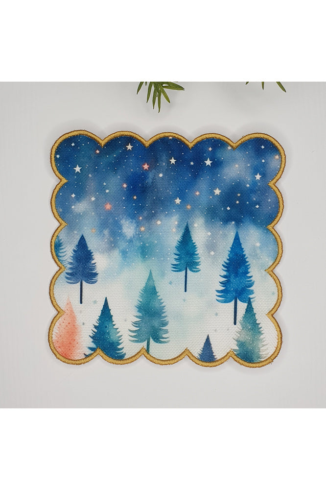 Sulu Boya Çam Ağaçlı Yıldızlı Gökyüzü Desenli Dijital Baskılı Nakışlı Kokteyl Peçetesi