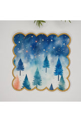 Sulu Boya Çam Ağaçlı Yıldızlı Gökyüzü Desenli Dijital Baskılı Nakışlı Kokteyl Peçetesi