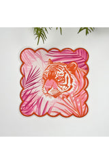 Tropikal Yapraklar ve Kaplan Maximalist Tasarımlı Nakış Kenar Kumaş Kokteyl Peçetesi 1 Adet